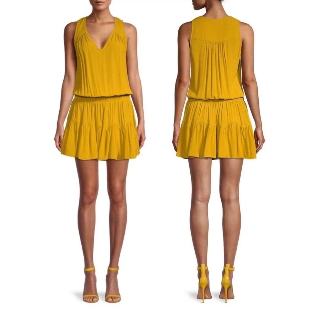 Ramy Brook Perry Mini Dress Size S Golden Yellow Smocked Waist Ruffle Sleeveless